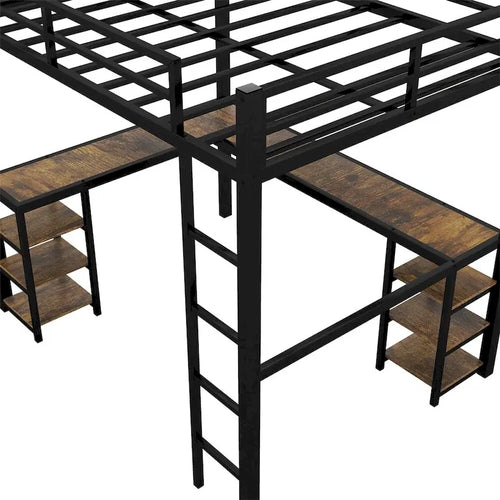 Lit mezzanine en métal avec bureau, étagères, échelle et barrières de sécurité