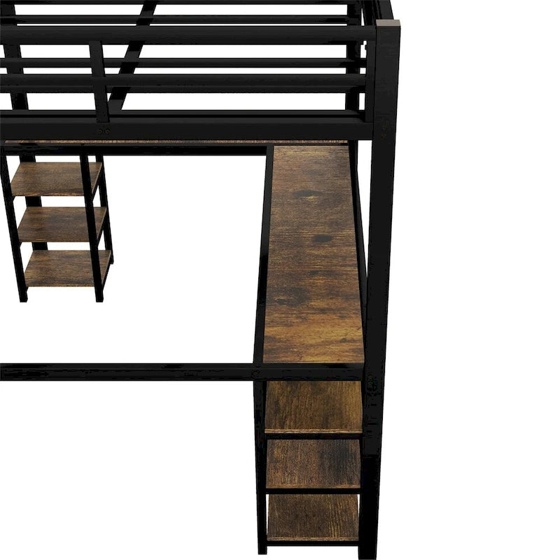 Lit mezzanine en métal avec bureau, étagères, échelle et barrières de sécurité