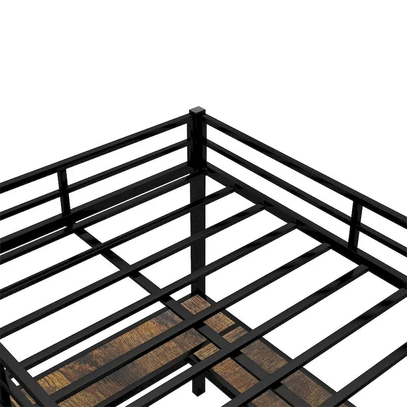 Lit mezzanine en métal avec bureau, étagères, échelle et barrières de sécurité