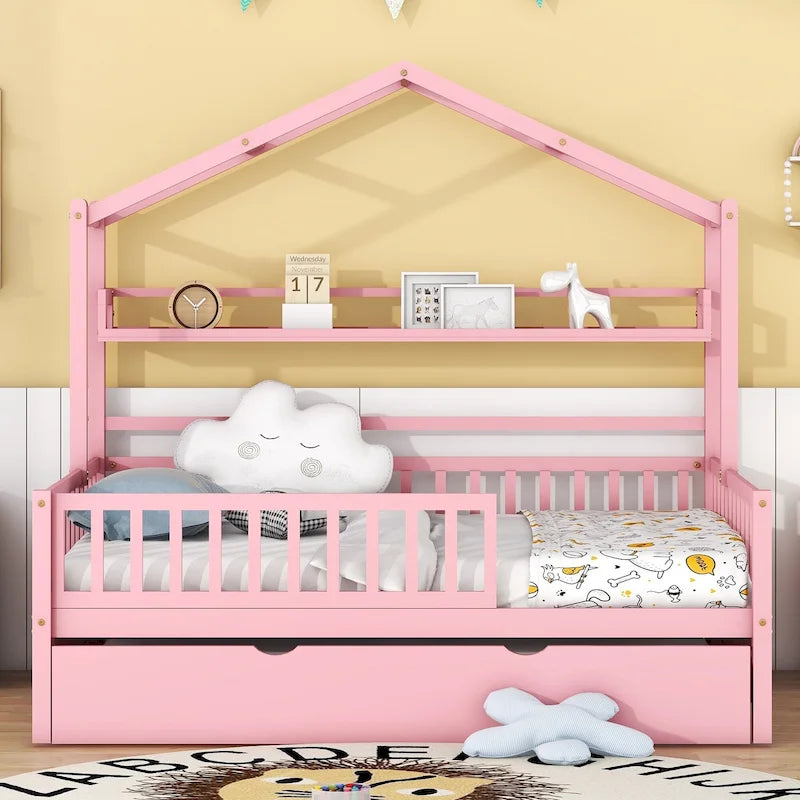 Lit cabane en bois de taille double avec lit gigogne double