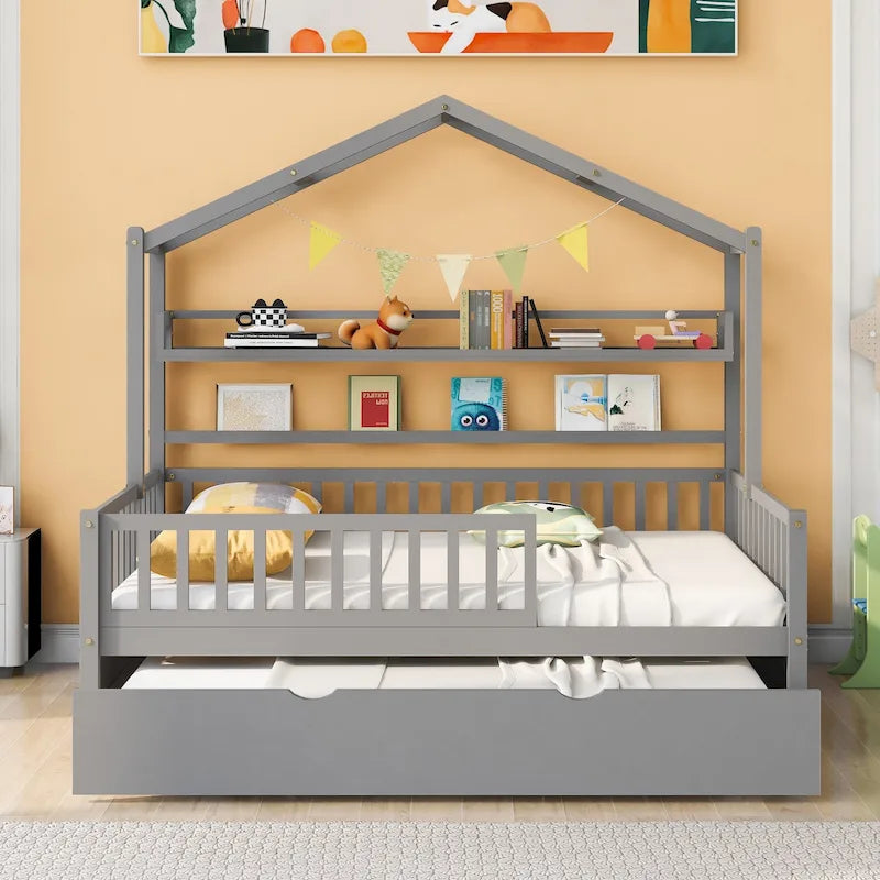 Lit cabane en bois de taille double avec lit gigogne double