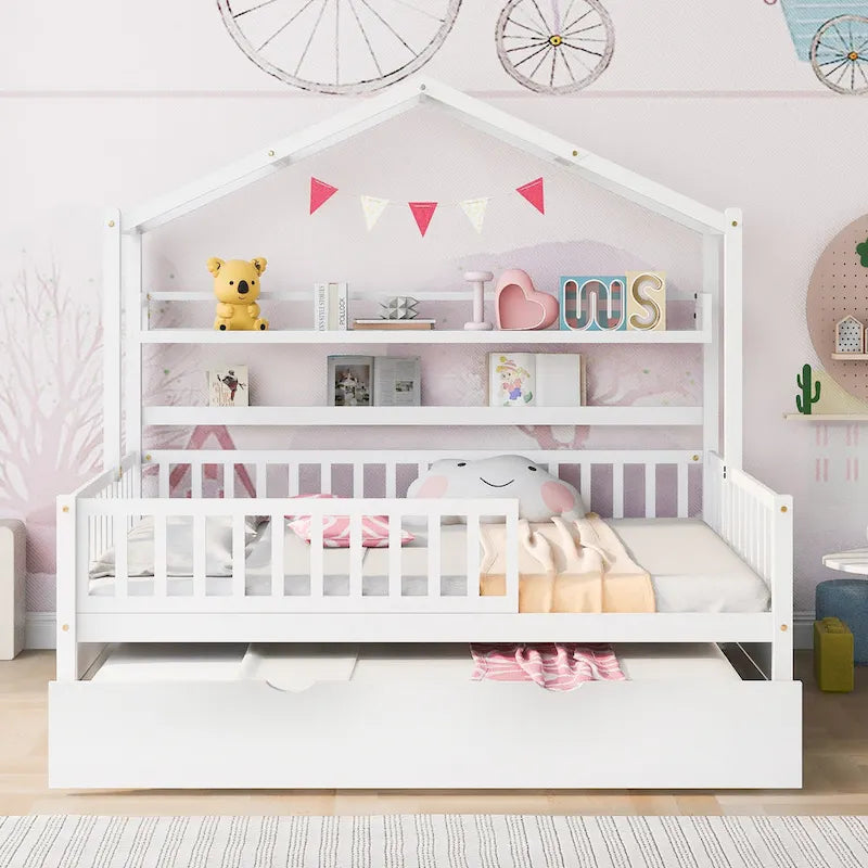 Wooden Full Size House Bed with Twin Size Trundle