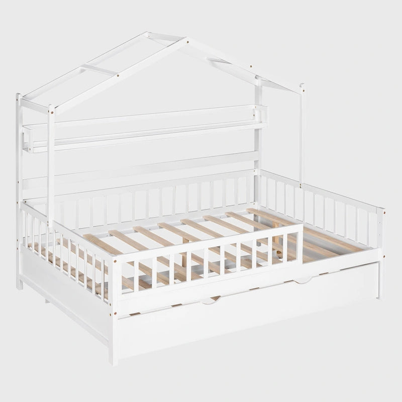 Lit cabane en bois de taille double avec lit gigogne double
