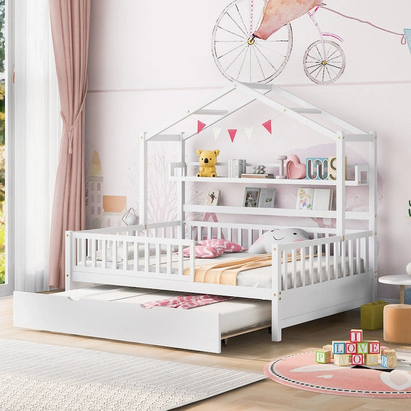 Lit cabane en bois de taille double avec lit gigogne double