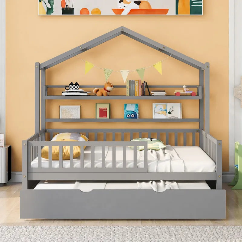Lit cabane en bois de taille double avec lit gigogne double