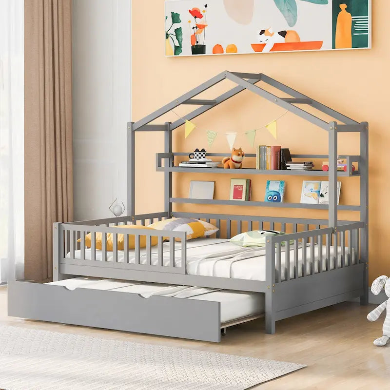 Lit cabane en bois de taille double avec lit gigogne double
