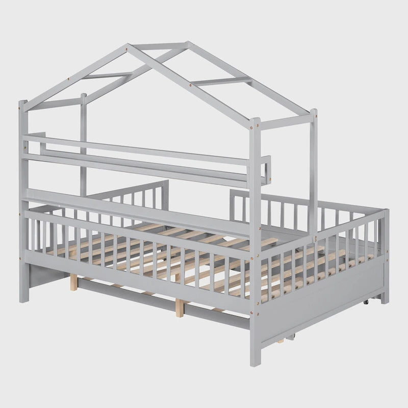 Lit cabane en bois de taille double avec lit gigogne double