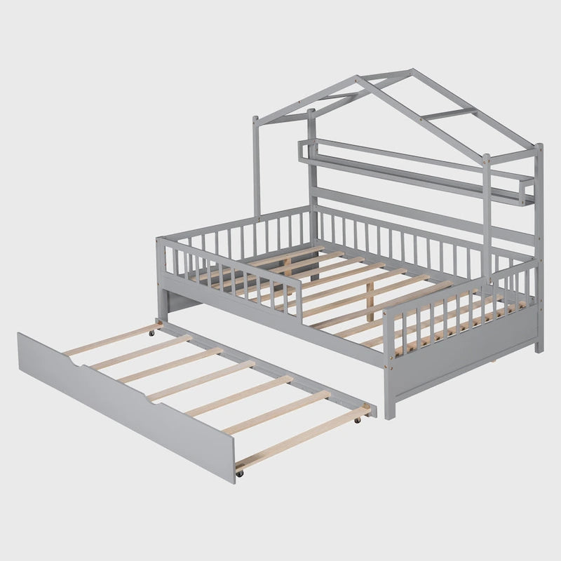 Lit cabane en bois de taille double avec lit gigogne double