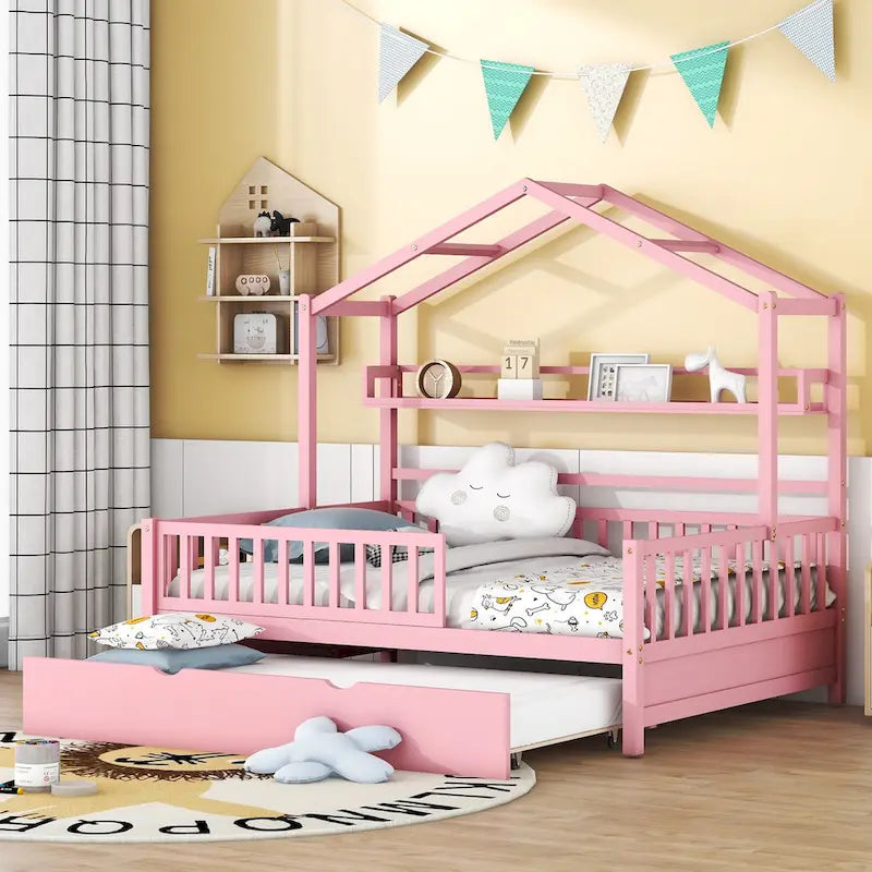 Lit cabane en bois de taille double avec lit gigogne double