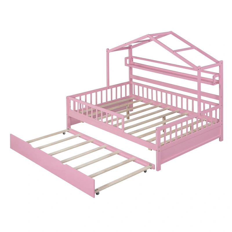 Lit cabane en bois de taille double avec lit gigogne double