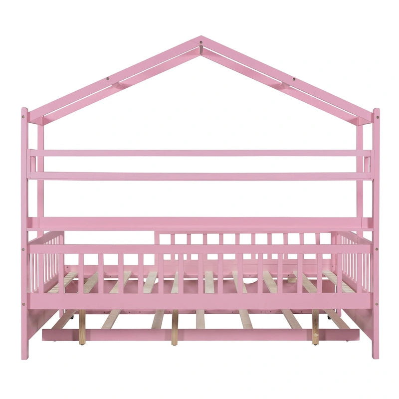 Lit cabane en bois de taille double avec lit gigogne double