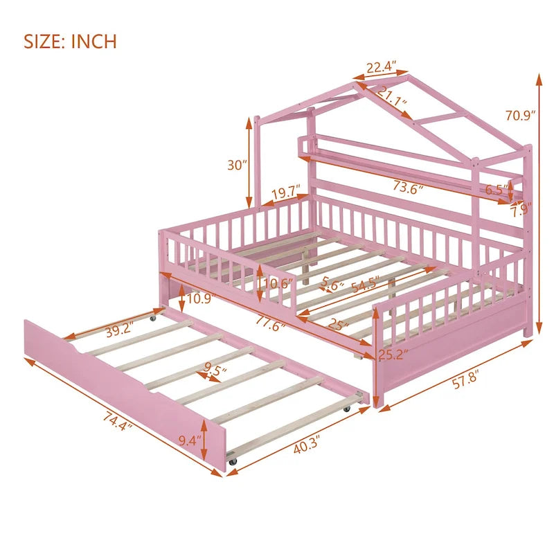 Lit cabane en bois de taille double avec lit gigogne double