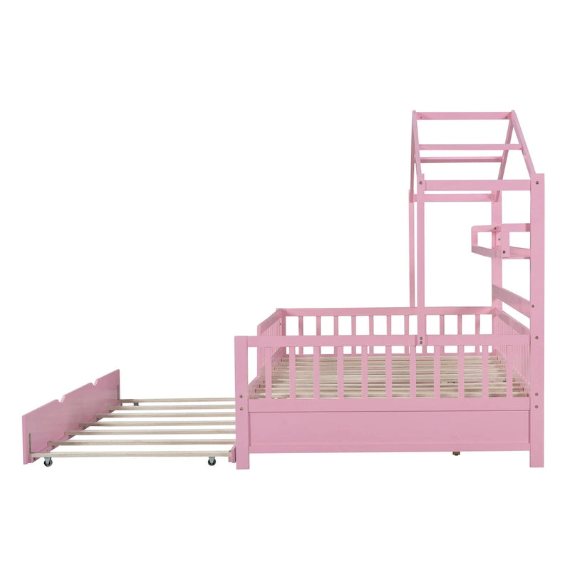 Lit cabane en bois de taille double avec lit gigogne double