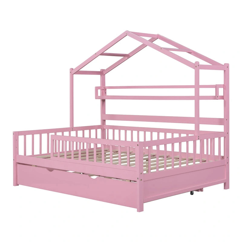 Lit cabane en bois de taille double avec lit gigogne double