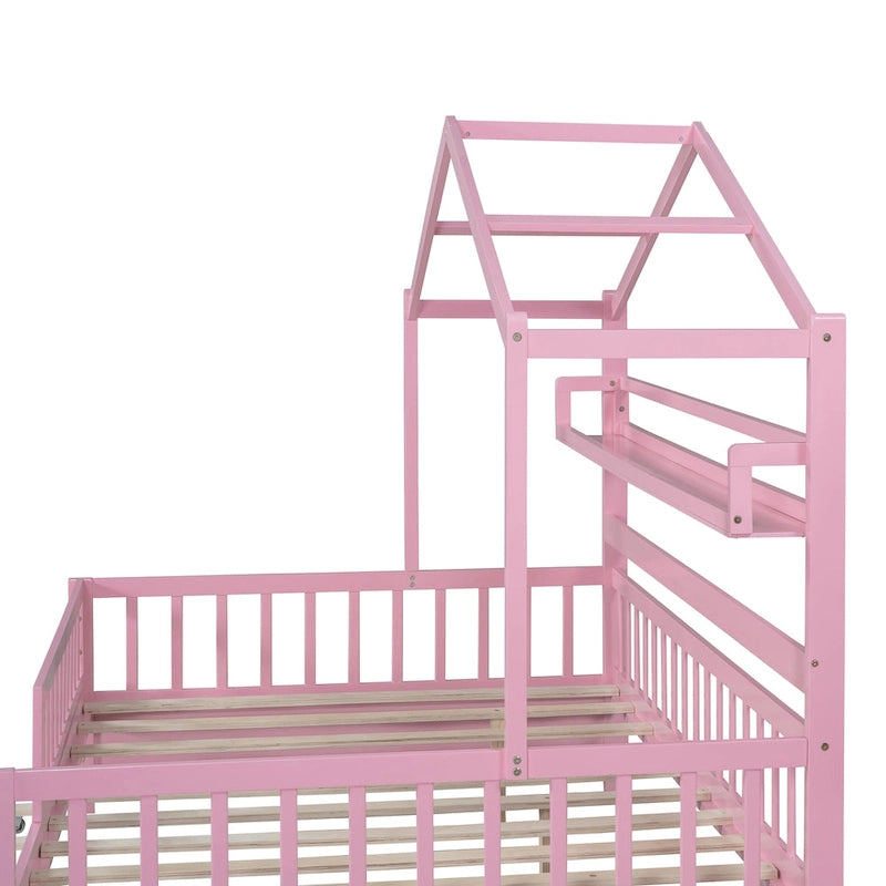 Lit cabane en bois de taille double avec lit gigogne double