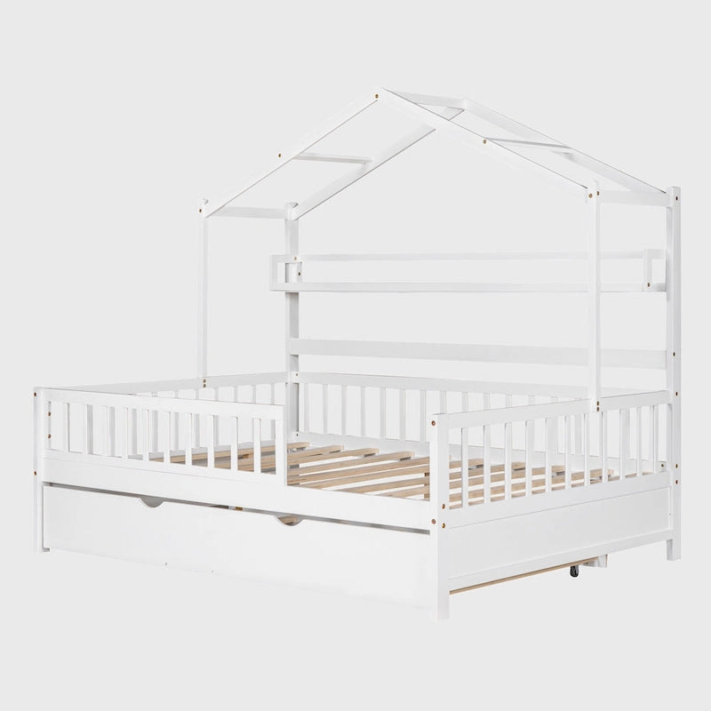 Lit cabane en bois de taille double avec lit gigogne double