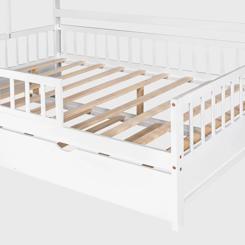 Lit cabane en bois de taille double avec lit gigogne double