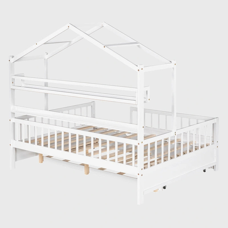 Lit cabane en bois de taille double avec lit gigogne double