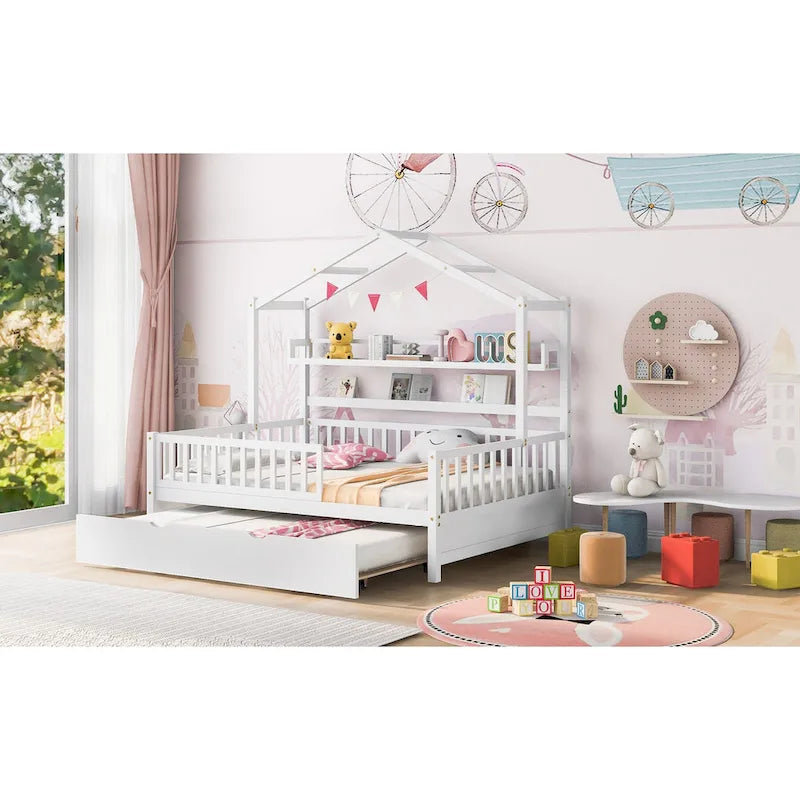 Lit cabane en bois de taille double avec lit gigogne double