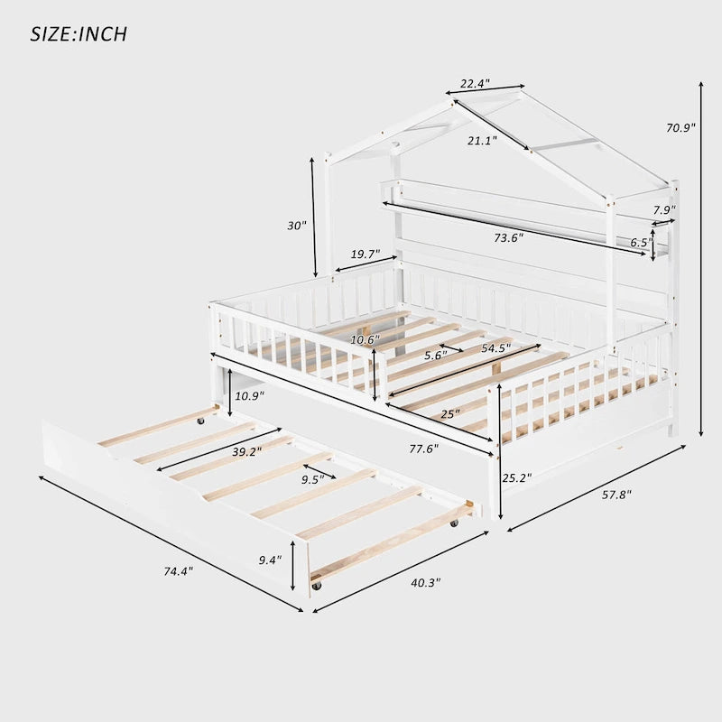 Lit cabane en bois de taille double avec lit gigogne double