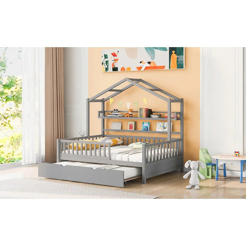 Lit cabane en bois de taille double avec lit gigogne double