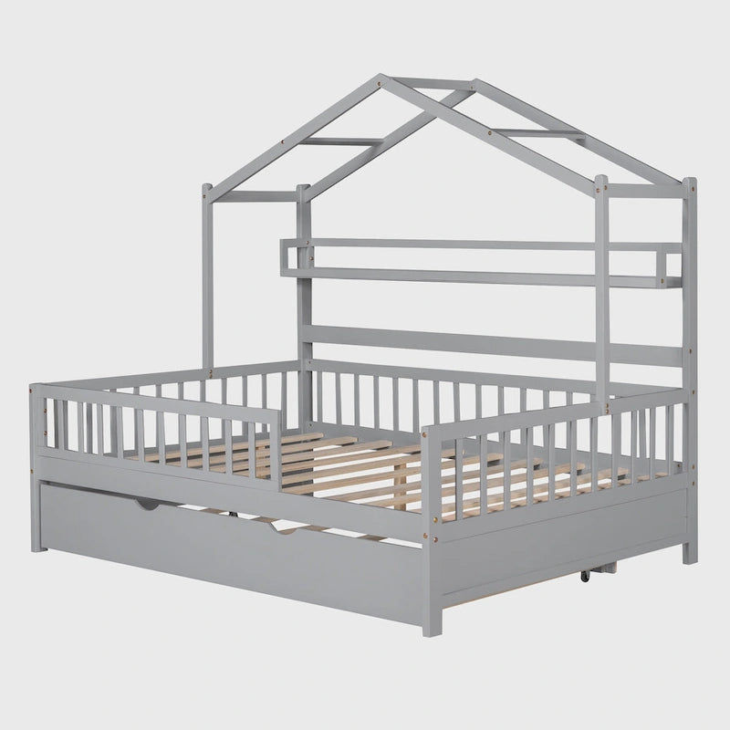 Lit cabane en bois de taille double avec lit gigogne double