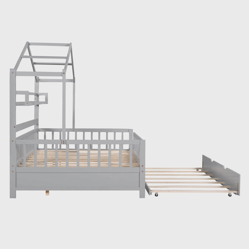 Lit cabane en bois de taille double avec lit gigogne double