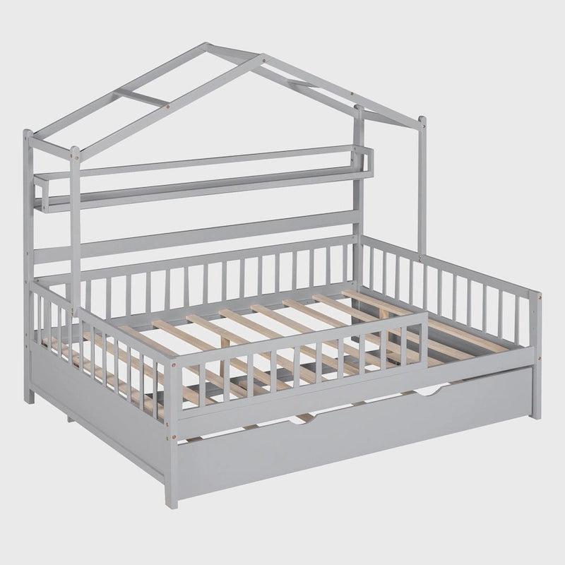Lit cabane en bois de taille double avec lit gigogne double
