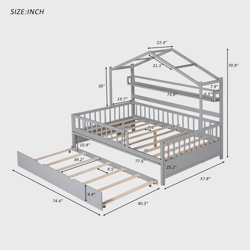 Lit cabane en bois de taille double avec lit gigogne double