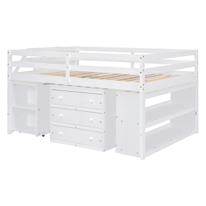 Lit mezzanine blanc double en bois massif avec bureau rétractable, escalier de rangement, tiroirs de rangement et étagères