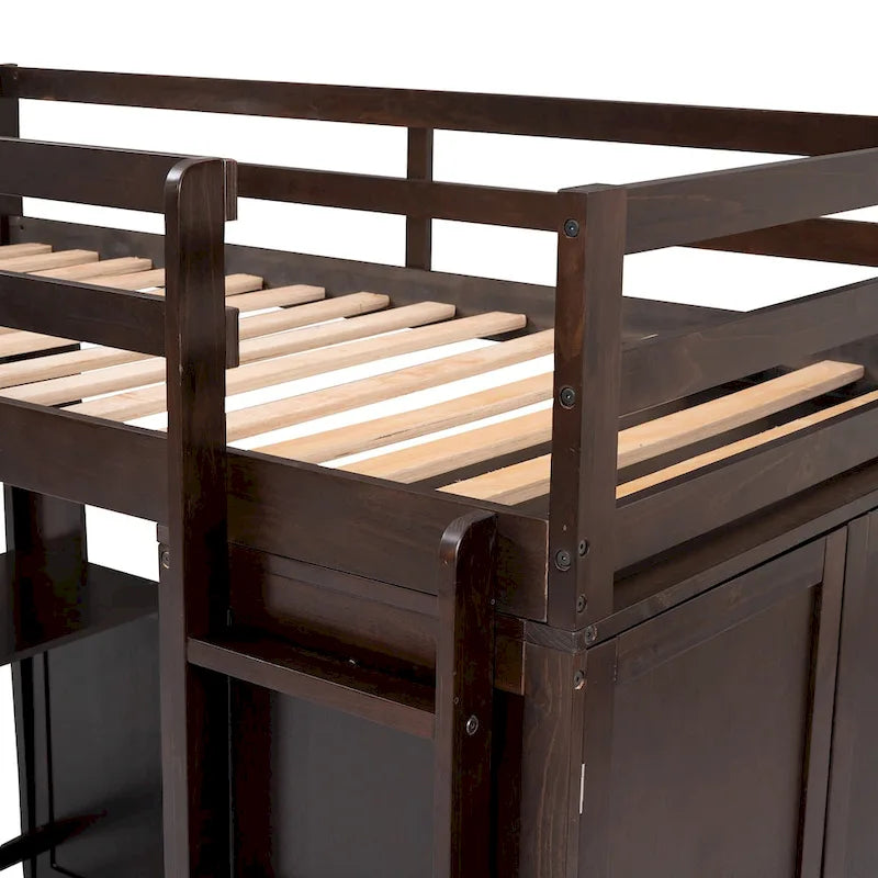 Lit mezzanine double avec tiroirs, bureau et armoire