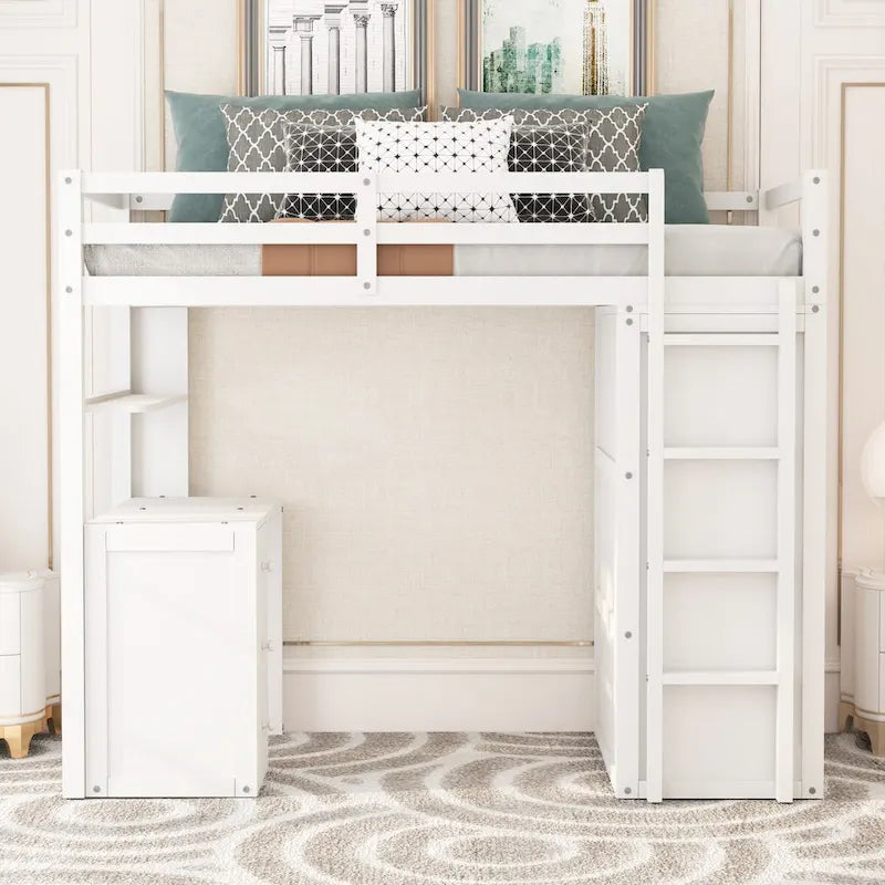 Lit mezzanine double avec tiroirs, bureau et armoire