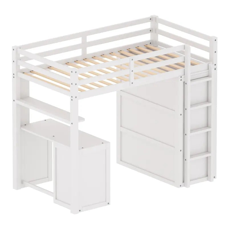 Lit mezzanine double avec tiroirs, bureau et armoire