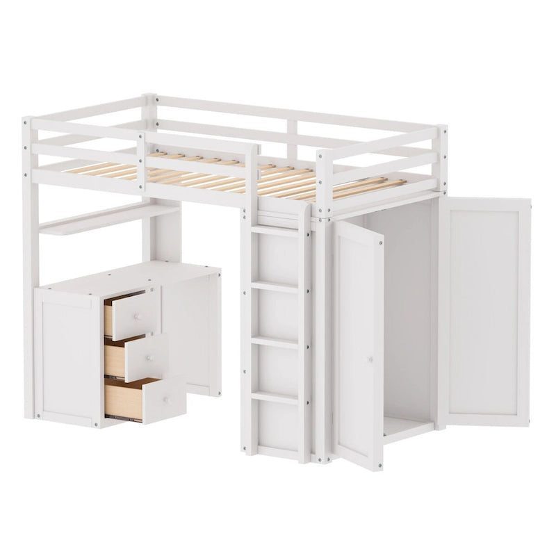 Lit mezzanine double avec tiroirs, bureau et armoire