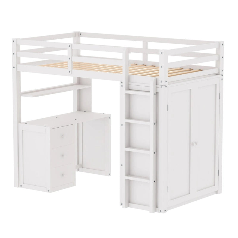 Lit mezzanine double avec tiroirs, bureau et armoire