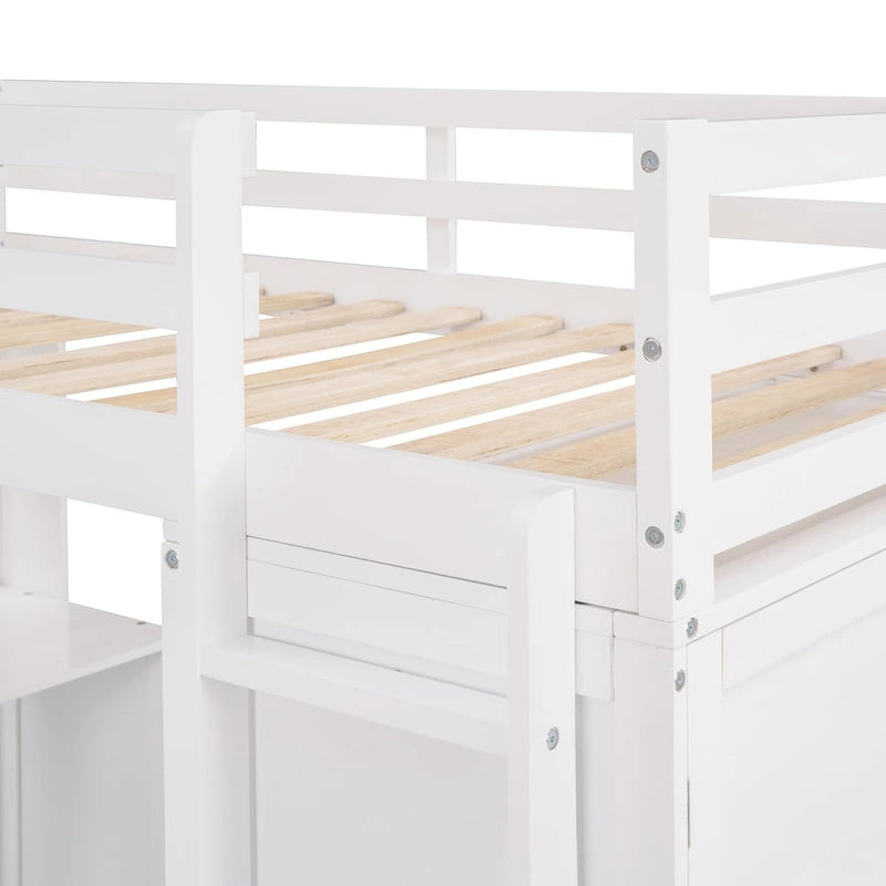 Lit mezzanine double avec tiroirs, bureau et armoire