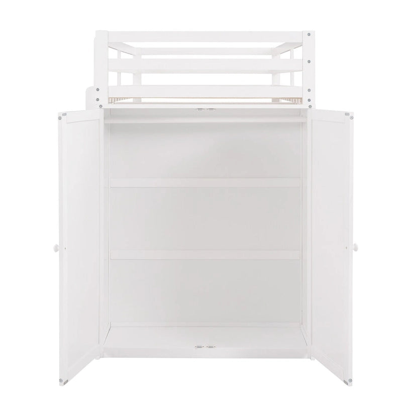 Lit mezzanine double avec tiroirs, bureau et armoire