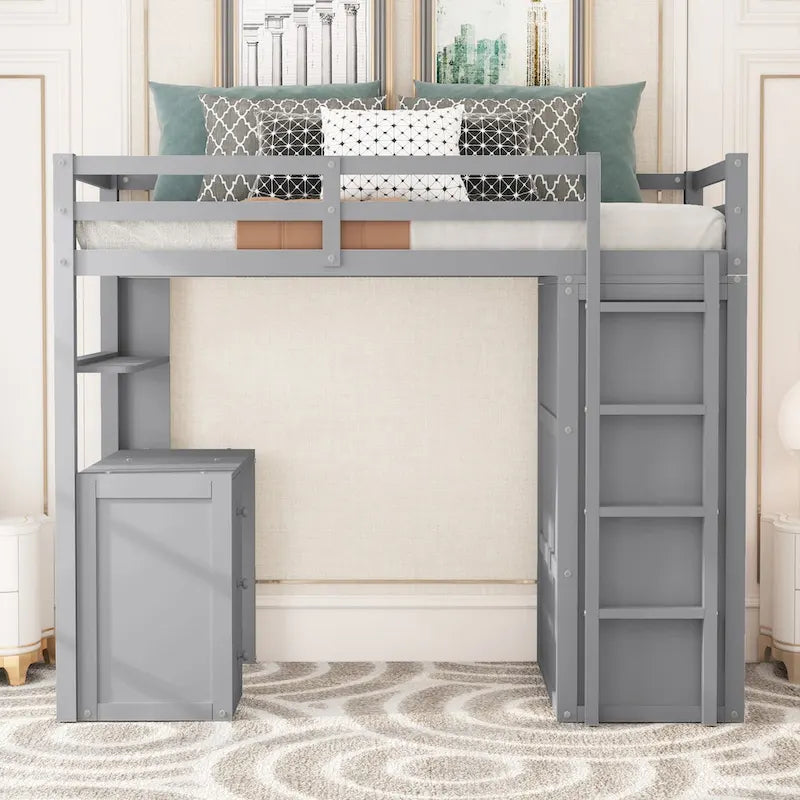 Lit mezzanine double avec tiroirs, bureau et armoire