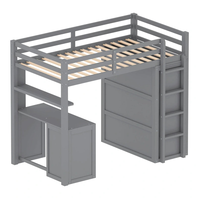 Lit mezzanine double avec tiroirs, bureau et armoire