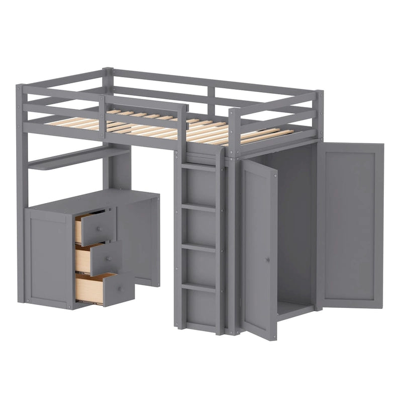 Lit mezzanine double avec tiroirs, bureau et armoire