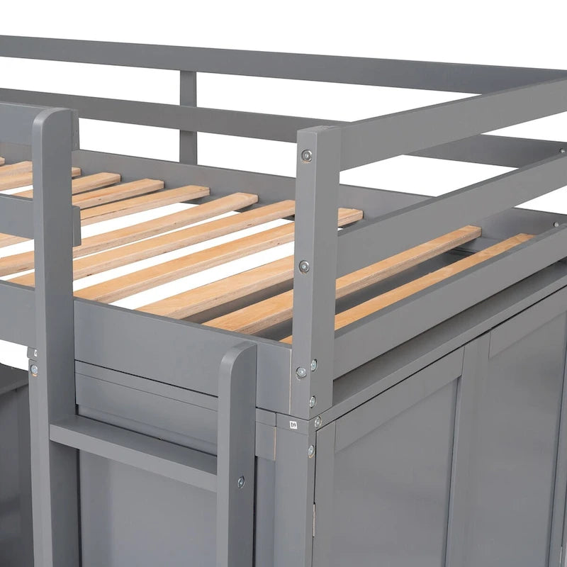 Lit mezzanine double avec tiroirs, bureau et armoire
