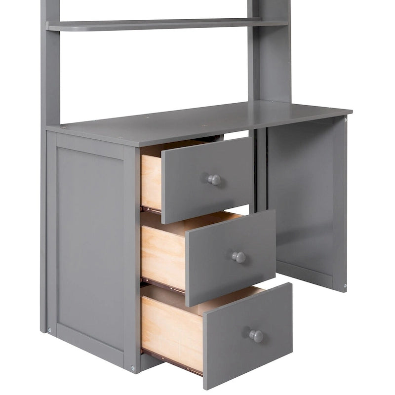 Lit mezzanine double avec tiroirs, bureau et armoire