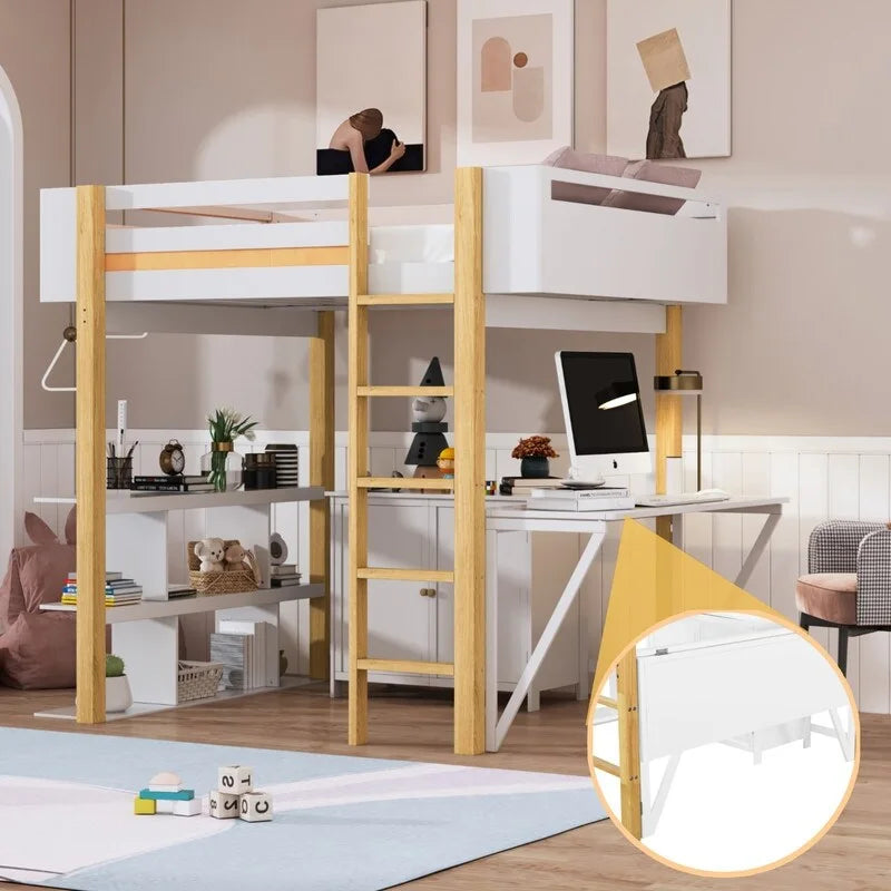 Lit mezzanine en bois, taille double, avec armoire de rangement intégrée, étagère et bureau pliable