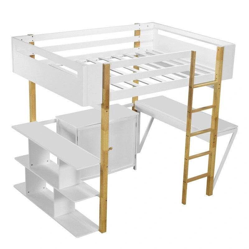 Lit mezzanine en bois, taille double, avec armoire de rangement intégrée, étagère et bureau pliable
