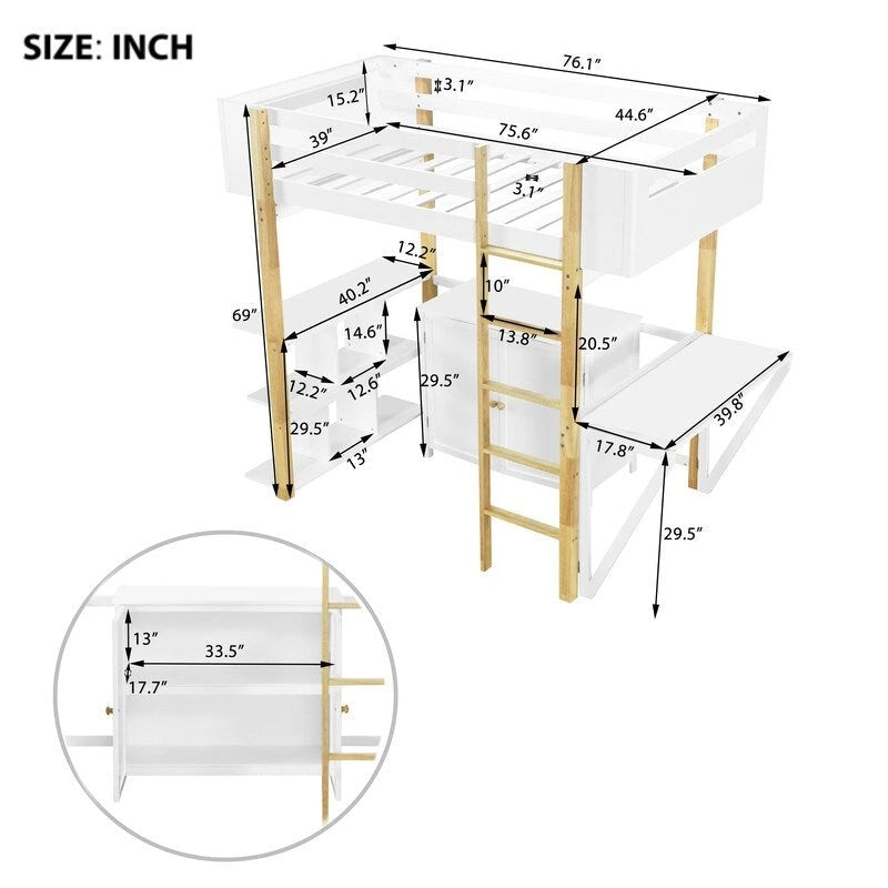 Lit mezzanine en bois, taille double, avec armoire de rangement intégrée, étagère et bureau pliable
