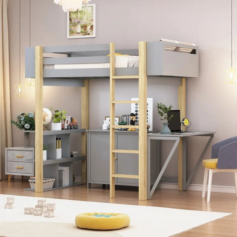 Lit mezzanine en bois, taille double, avec armoire de rangement intégrée, étagère et bureau pliable