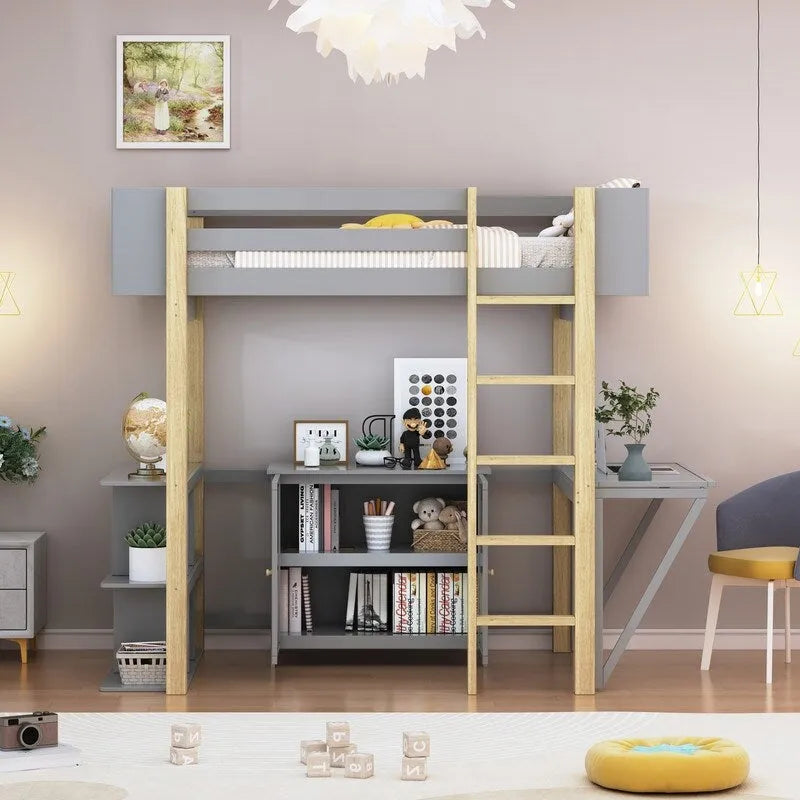 Lit mezzanine en bois, taille double, avec armoire de rangement intégrée, étagère et bureau pliable