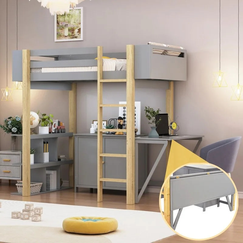 Lit mezzanine en bois, taille double, avec armoire de rangement intégrée, étagère et bureau pliable
