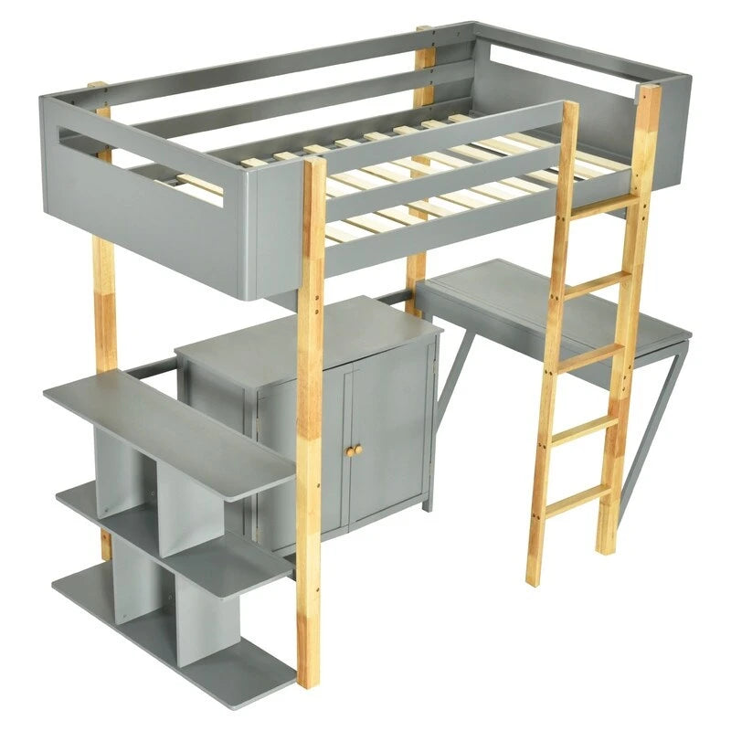 Lit mezzanine en bois, taille double, avec armoire de rangement intégrée, étagère et bureau pliable