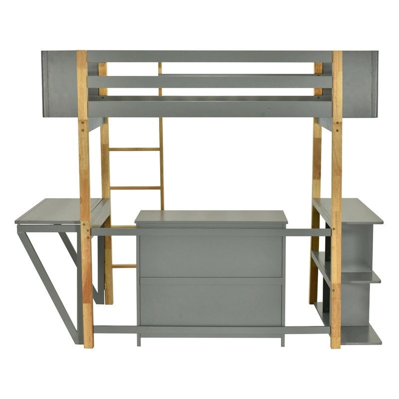 Lit mezzanine en bois, taille double, avec armoire de rangement intégrée, étagère et bureau pliable
